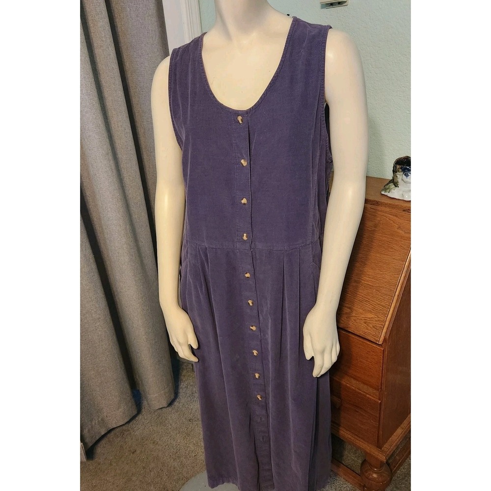 Vtg Eddie Bauer‎ Purple Corduroy Drop Waist Midi Dress Pockets SZ M Prairie Mom